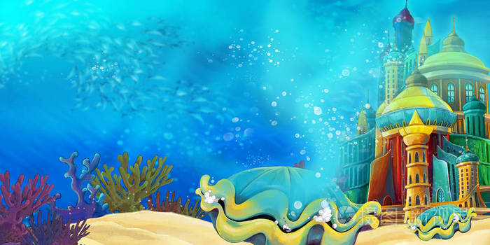 卡通水下海洋或海洋场景与城堡插图为儿童