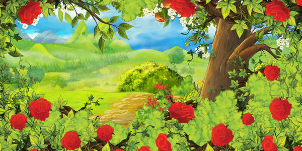 卡通夏季场景,森林或花园中的小路和玫瑰丛-现场无人-儿童插图照片