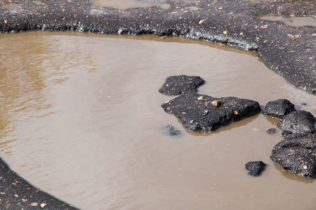 人行道上的坑和污水坑照片