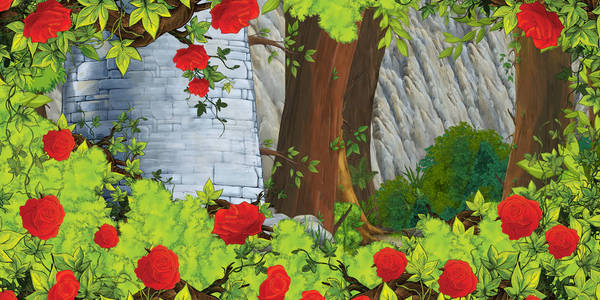 高山果园卡通夏季场景,森林中的小路和城堡塔-现场无人-儿童插图照片