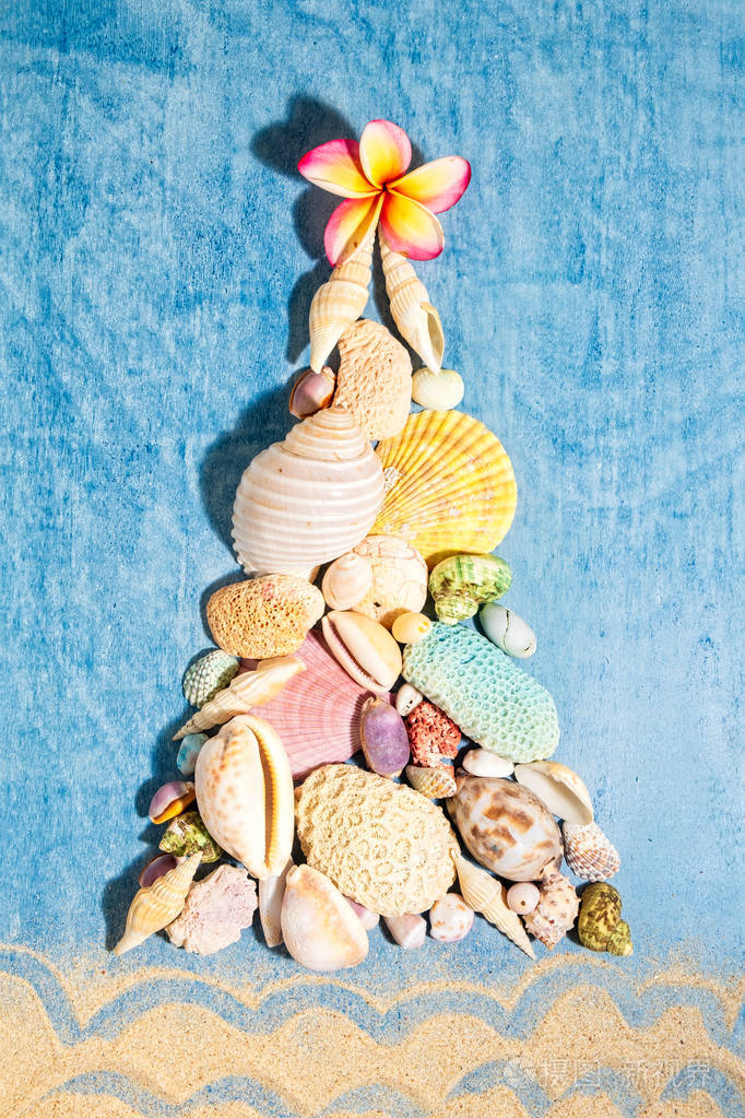 Christmas background with a creative arrangement of seashells, c