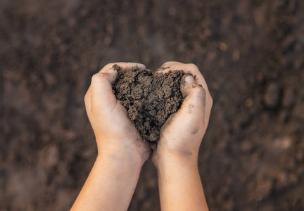 孩子在花园里,手里拿着土.选择性聚焦.照片