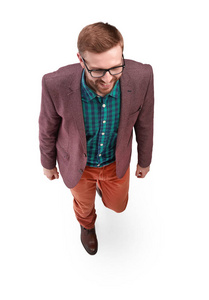 俯视图.微笑的年轻人走上前去照片