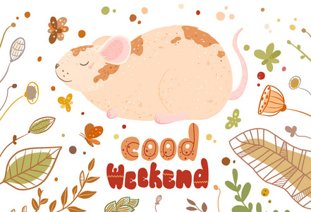 可爱的卡通老鼠躺在那里开心而微笑.明信片.写周末好插画