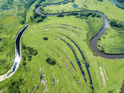 绿地蜿蜒河流的空中景观图片