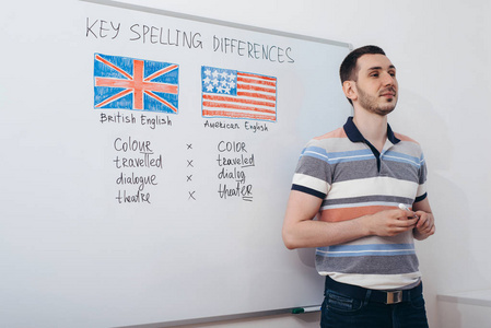 老师谈论英国英语和美国英语的区别.照片