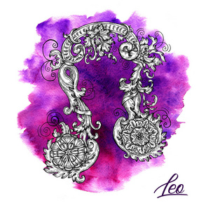 水占卜狮子座或狮子星座在紫色水彩画背景上.照片