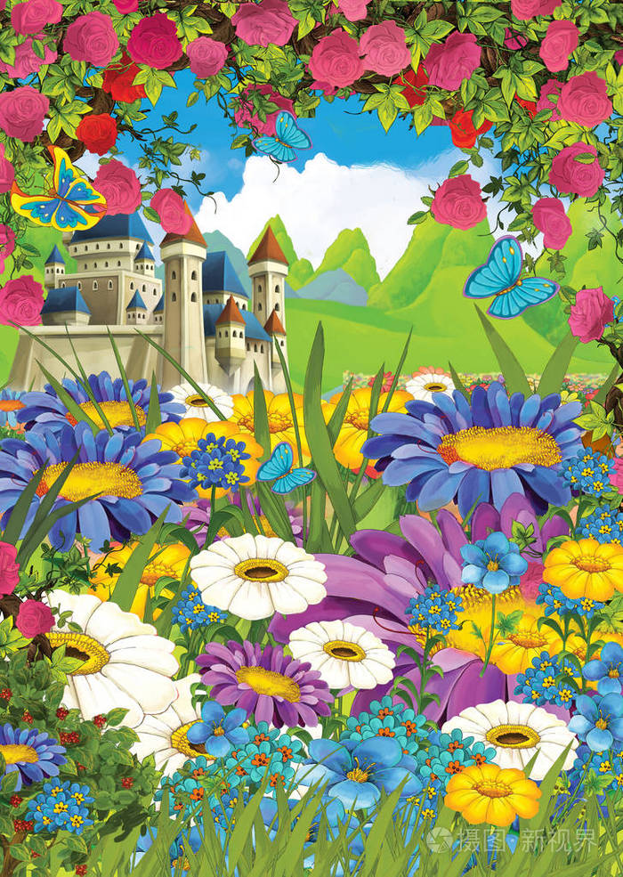 卡通夏日场景草地上的城堡玫瑰现场无人儿童插图