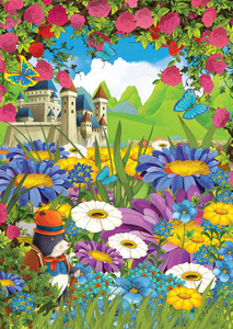 卡通夏季场景草地城堡与玫瑰和鼹鼠在花插图为儿童照片