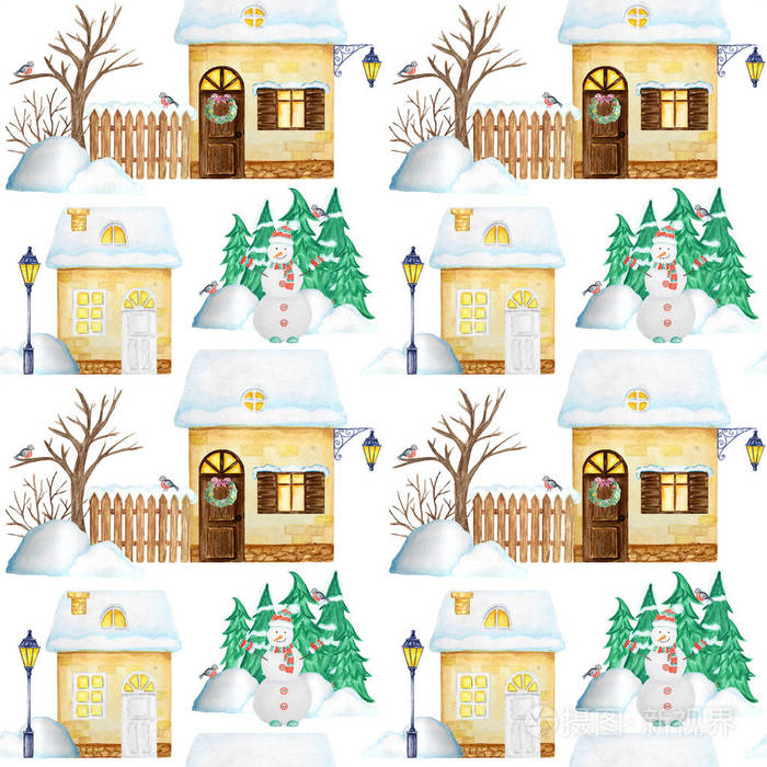 圣诞冬季房屋发光窗户和雪屋顶圣诞和雪人白底明黄色的房子织物纸纹理