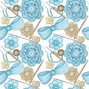 钩蝴蝶拖鞋水彩无缝图案爱好钩针心,蝴蝶结,花,钩,按钮在白色背景上.