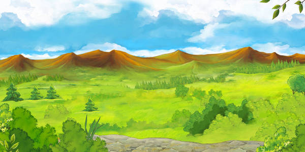 山谷插画带有草地山谷的卡通夏季场景现场无人儿童插画照片