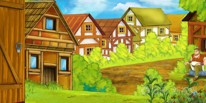 卡通夏季场景与农民的农庄小径儿童插图