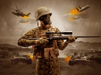 站在战争中的武装士兵照片