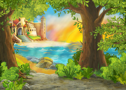 海边或海边美丽城堡的卡通场景-儿童插画布上油画美丽的海边的房子