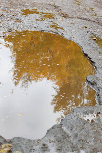 那条沥青路面很糟糕,坑坑洼洼,满是水.危险的路基破坏.照片