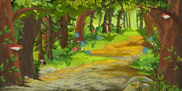 卡通自然风景与美丽的城堡儿童插图