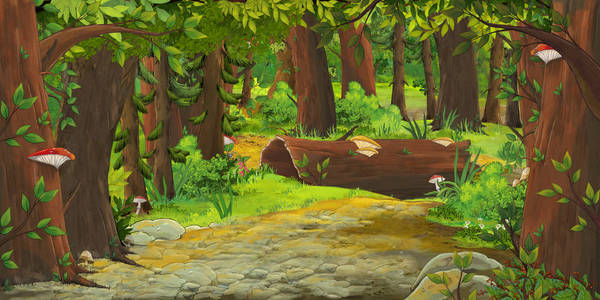 森林中的草地卡通夏季场景儿童插图插画