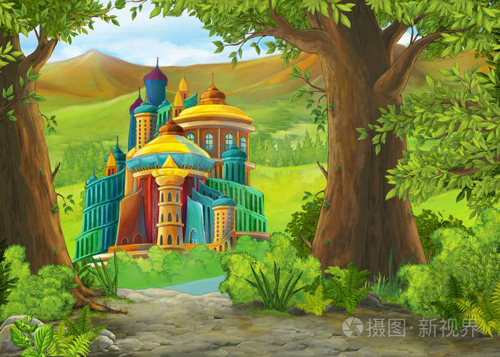 卡通自然风景与美丽的城堡儿童插图