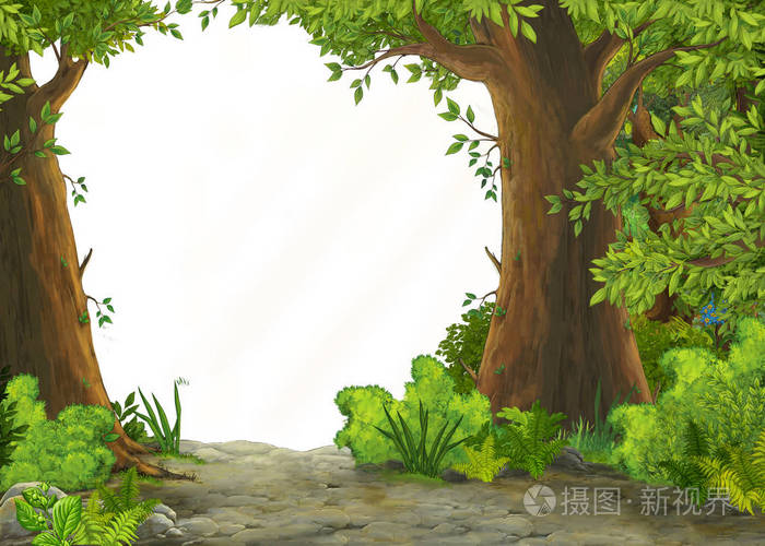 森林中草地的卡通夏季场景白色背景儿童插图
