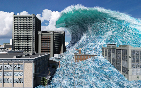 海啸毁灭性的城市海啸波世界末日水景城市洪水风暴.三维插图照片