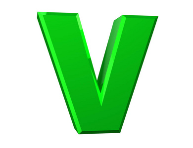 立体大写银蓝色字母白色背景下的绿色字母v三维渲染照片