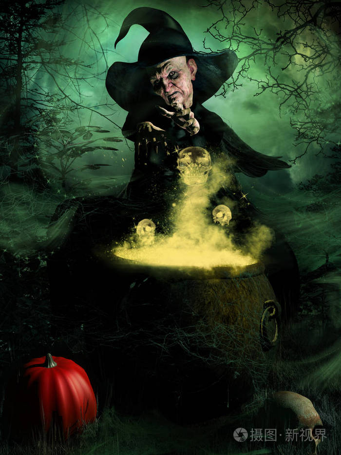 巫婆拿着魔法锅照片-正版商用图片2on1l5-摄图新视界