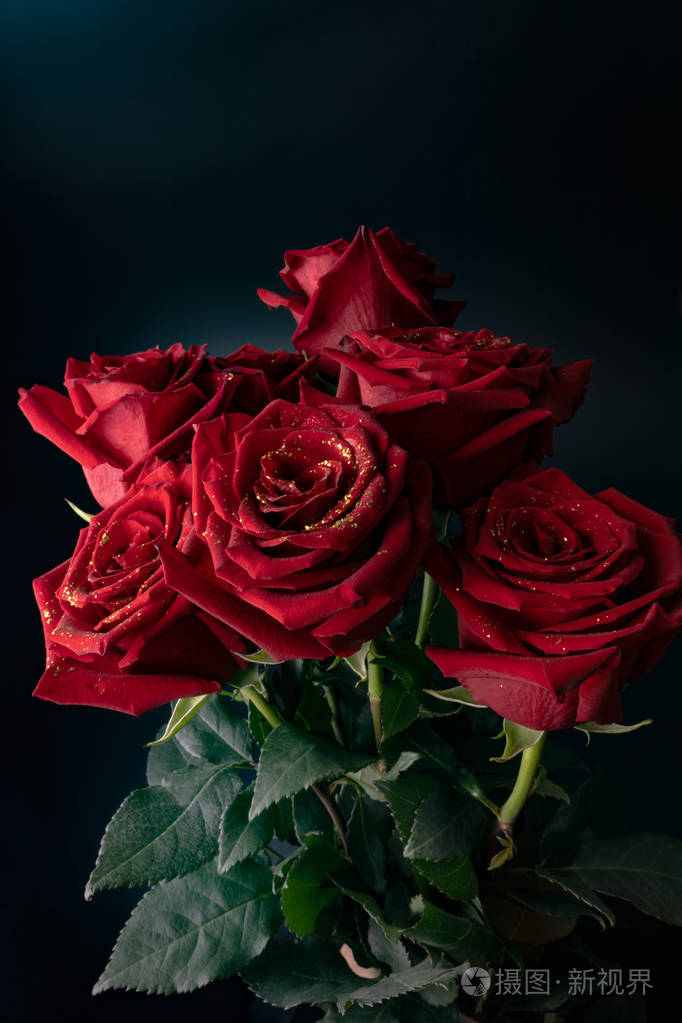 房间里有花瓣上闪闪发光的精致玫瑰恳求