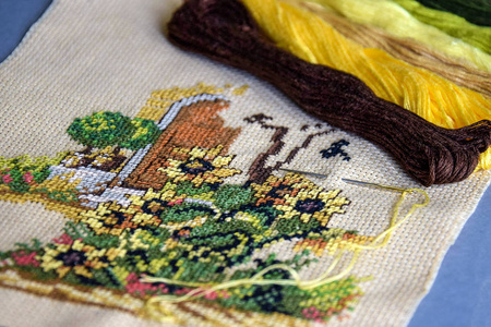 未完成的手工刺绣.带线针和一套彩色棉线.特写.照片