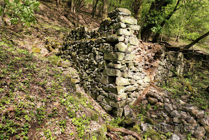 森林深处的老房子墙的遗迹