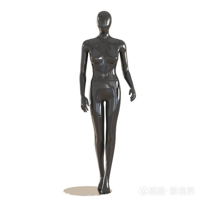 一个黑色的女性人体模特站在一个铁座上，背景是孤立的白色。三维渲染