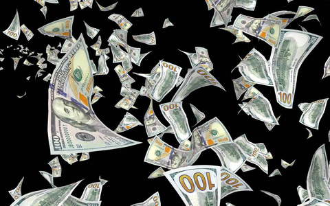 钱在天上飞.100张美国钞票新样品.三维插图照片