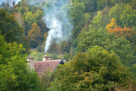 供暖季节.秋天有冒烟的烟囱和树木的屋顶.照片
