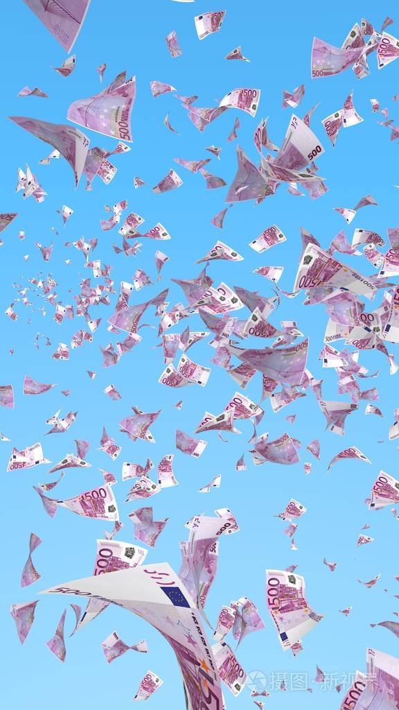 天空背景下飞扬的欧元钞票钱在天上飞500欧元的颜色三维插图