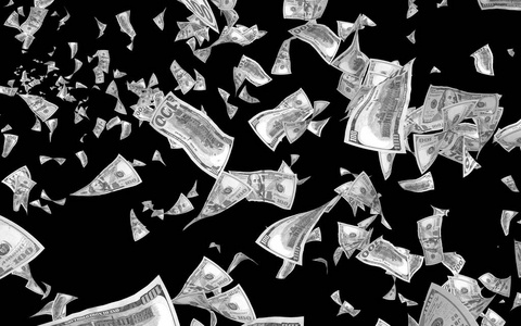 钱在天上飞.100张美国钞票新样品.黑白风格.三维插图照片