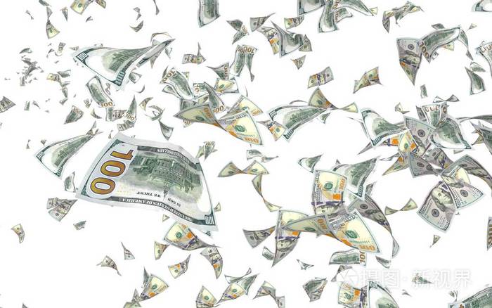 白色背景上孤立的飞行美元钞票钱在天上飞100张美国钞票新样品三维