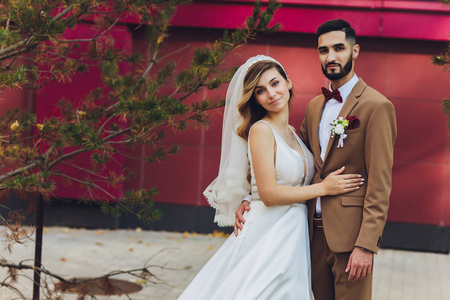 美丽的新婚夫妇在晚上的公园里玩得很开心.照片