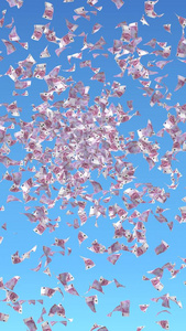 天空背景下飞扬的欧元钞票.钱在天上飞.500欧元的颜色.三维插图照片