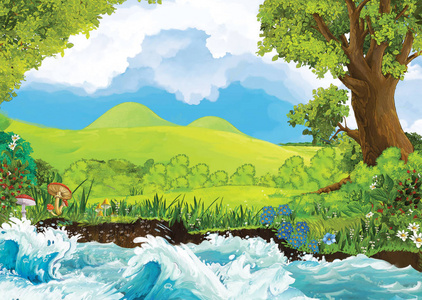 海边或湖边美丽海岸或海滩的卡通场景-儿童插图照片