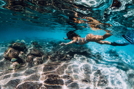 苗条女子自由潜水员滑过底部与鱼照片