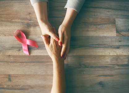 女性手与乳腺癌意识的象征图片