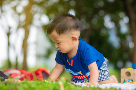 小男孩在野餐垫上爬着绿草图片