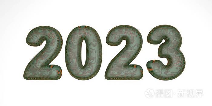 绿色2023假日3d渲染技术高科技微芯片.逼真的3d标志.