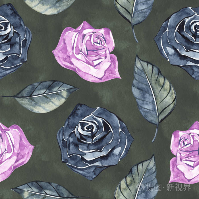 手绘玫瑰，模仿民间刺绣缝线，在深蓝色背景下花卉无缝图案