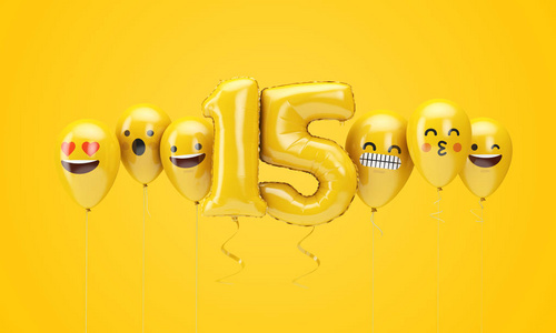 15号黄色生日表情符号面对气球.三维渲染照片
