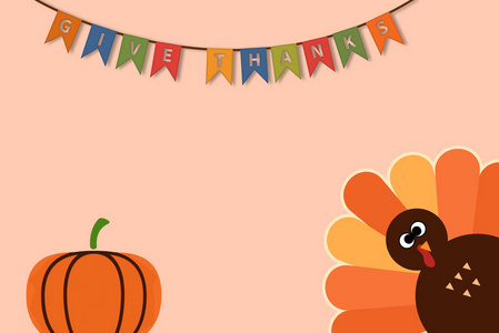感恩节快乐文本卡通火鸡粉色背景感恩节海报,带悬挂式致谢文字和南瓜
