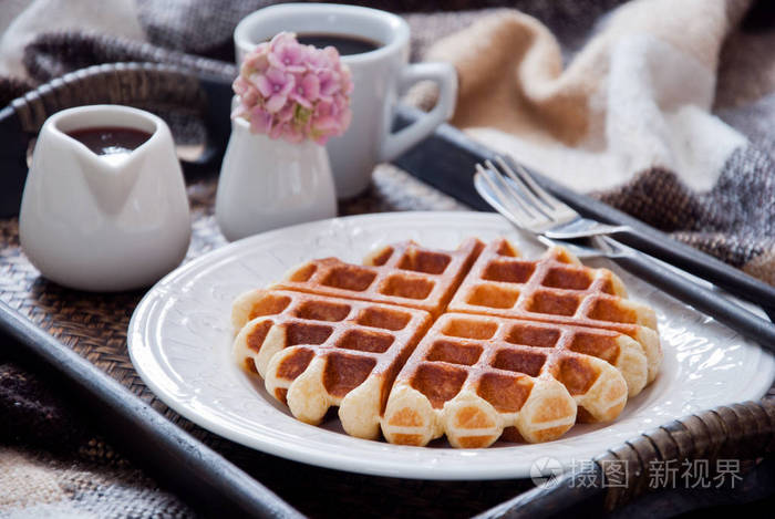 belgian waffles and coffee for breakfast in bed
