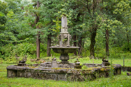 在杂草丛生的公园里,废弃的老喷泉照片