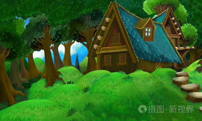 森林里的农舍的卡通夏季场景现场无人儿童插图