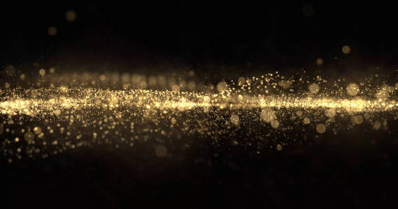 金色的辉光和闪闪发光的光芒闪耀,抽象的魔法般明亮的光波在黑色背景